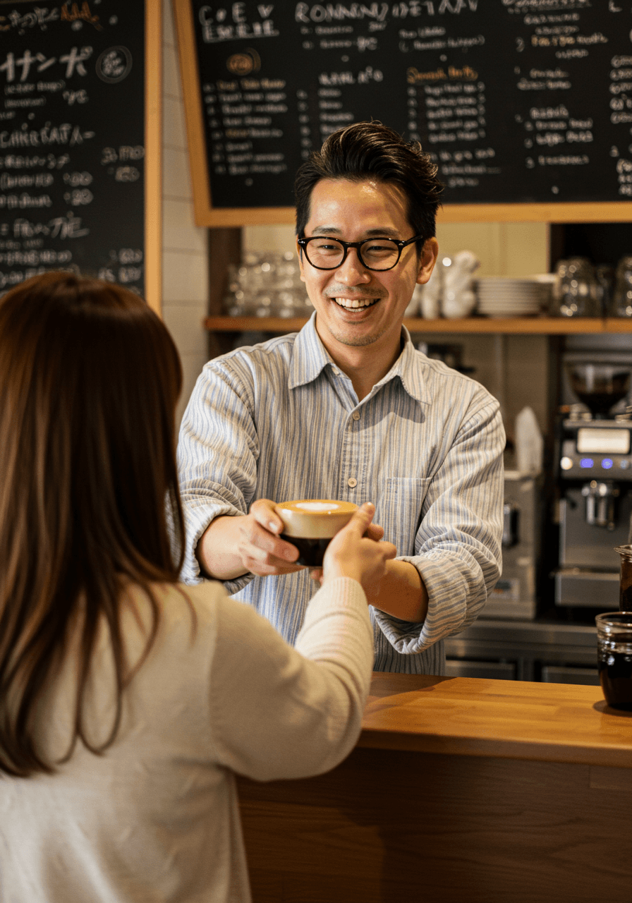 カフェのカウンターでバリスタが女性客にコーヒーを手渡している様子