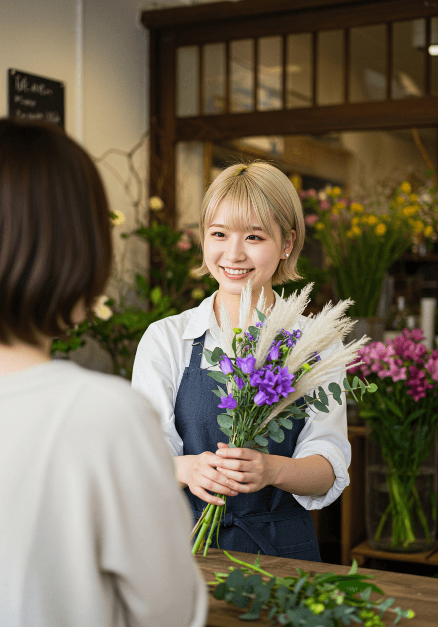 花屋で女性スタッフがお客様に花束を手渡している様子