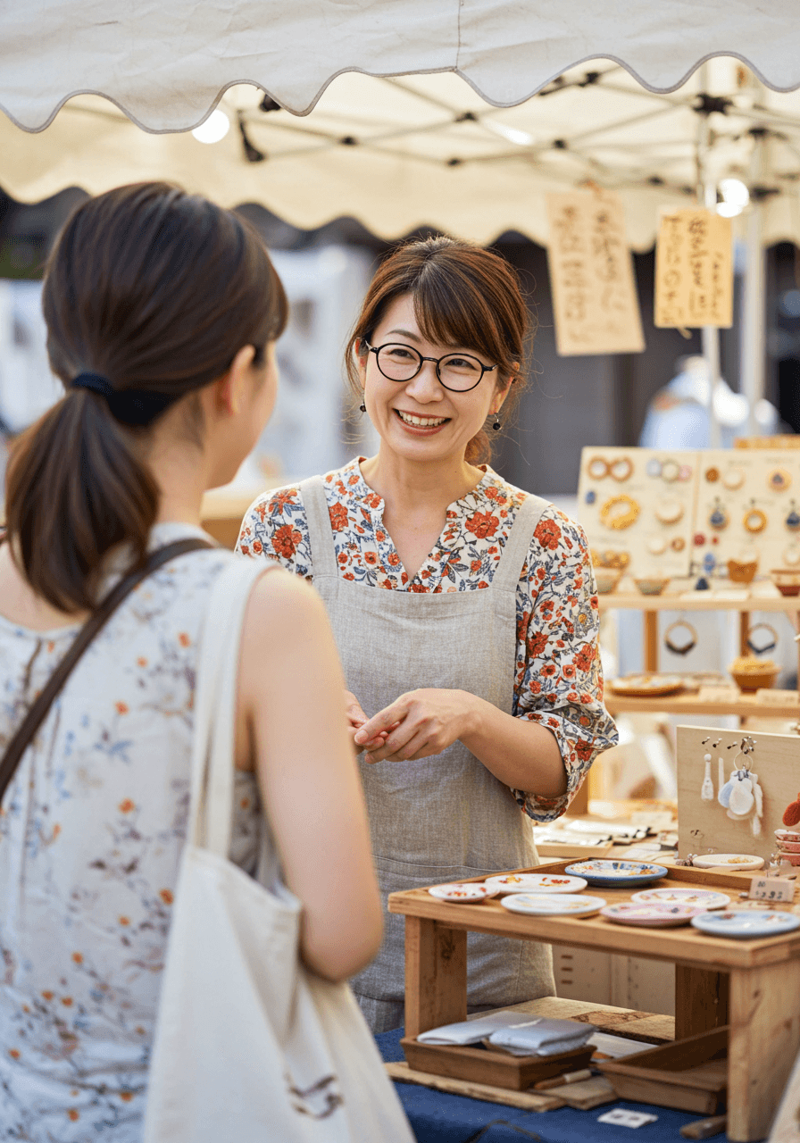 マーケットで花柄シャツを着た女性店主がお客様とアクセサリーについて会話している様子